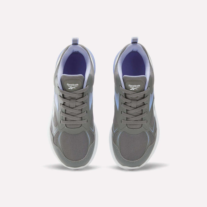 Top view of a pair of Reebok Rush Runner 6.0 Running Shoes for big kids in gray and light blue with white soles, gray laces, and mesh panels, featuring an EVA midsole for added comfort, displayed side by side on a white background.