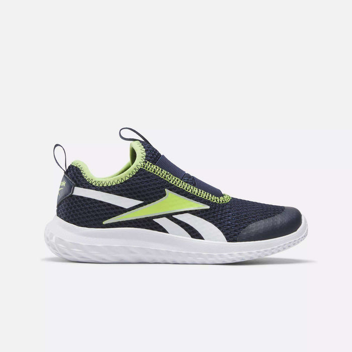 The Reebok Rush Runner Slip-On Shoes for little kids in Vector Navy, Digital Lime, and White feature lightweight cushioning, a breathable mesh upper, white accents, and a durable white sole, shown from the side against a plain background.