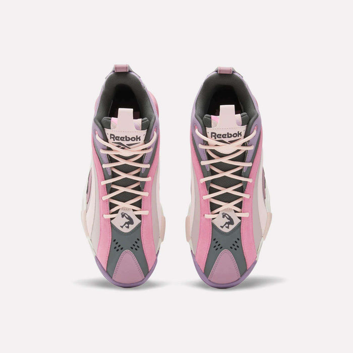 Top view of Reebok Shaqnosis Low Shoes in pink, lavender, grey, and white with wave-like patterns and the Reebok logo on the tongue—blending classic Shaqnosis basketball style with modern updates.