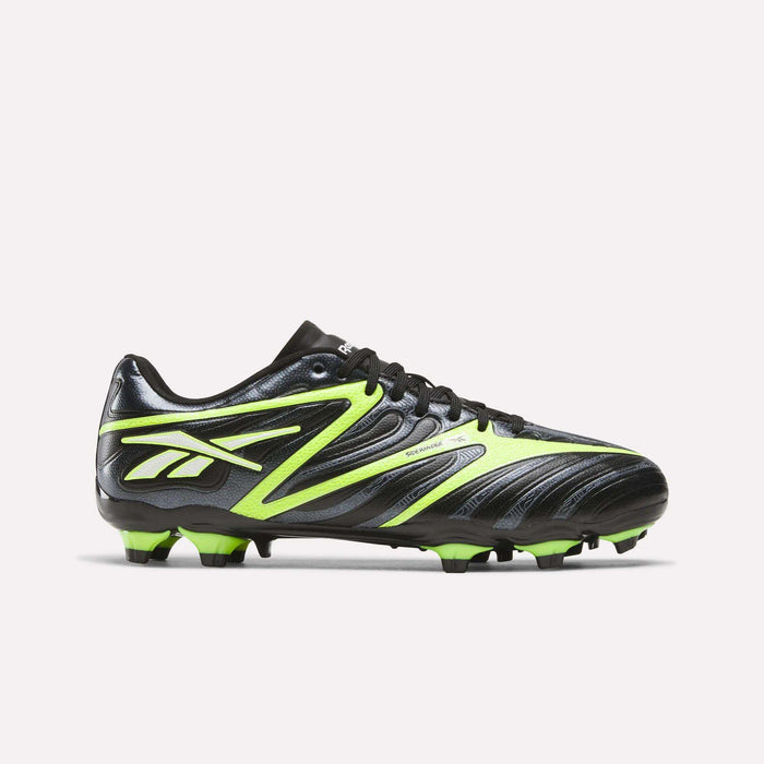 The Reebok Sidewinder 26 League FG Cleats for big kids feature a black design with neon green and white accents, black laces, and a studded sole for firm ground, shown on a plain white background.