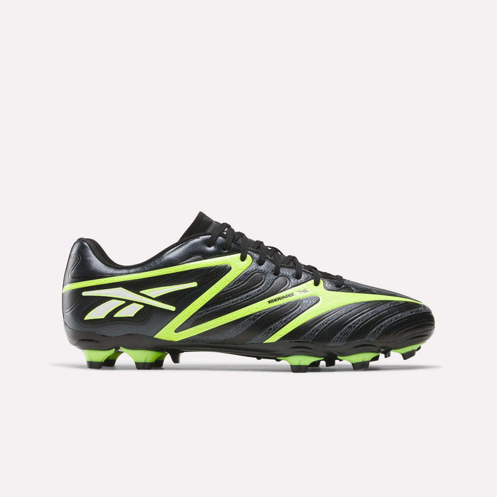 The Reebok Sidewinder 26 League Firm Ground Soccer Cleats in black with neon yellow and green accents feature the Reebok logo on the side and firm ground studs, shown against a plain white background.