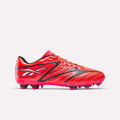 The Reebok Sidewinder 26 League Firm Ground Cleats come in an eye-catching Neon Cherry and Rival Red with black accents, featuring the iconic Reebok logo on the side. These soccer cleats are designed with red laces and molded firm ground studs on the sole, providing excellent traction and ball control—making them ideal for firm ground play.