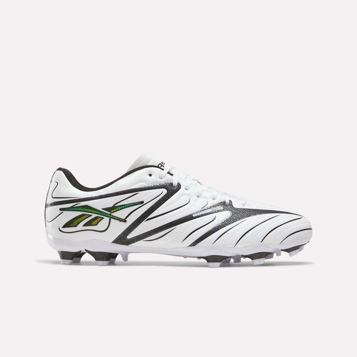 The Reebok Sidewinder 26 League Firm Ground Cleats in White/Black/Silver feature black wave-like patterns, iridescent silver accents on the sides, white laces, and firm ground studs for enhanced ball control, displayed on a plain background.