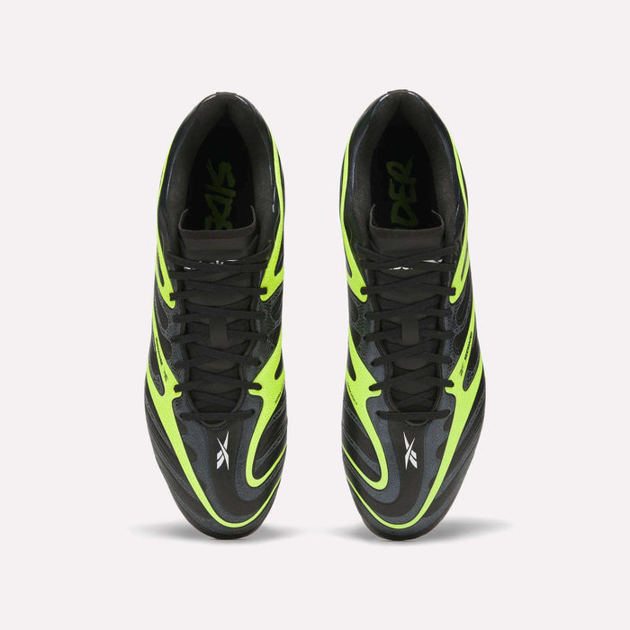 Top view of Reebok Sidewinder 26 League Firm Ground Soccer Cleats in black and neon green with black laces, Reebok logo near the toes, and firm ground studs, shown side by side on a plain white background.