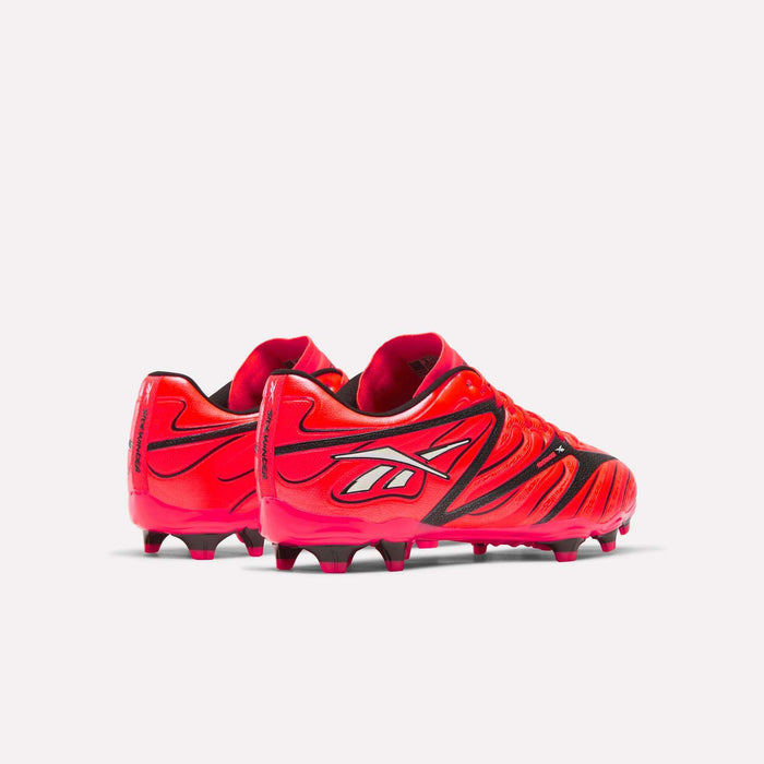 The Reebok Sidewinder 26 League Firm Ground Cleats in vibrant red with black accents and white logos are displayed against a plain white background, showcasing their firm ground studs engineered for superior ball control on the pitch.