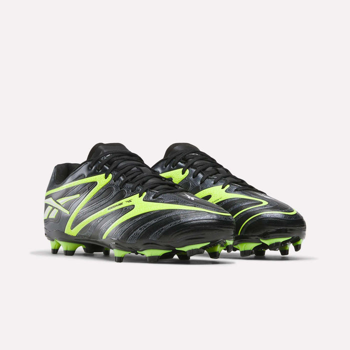 The Reebok Sidewinder 26 League Firm Ground Soccer Cleats feature a black design with bold neon green accents and firm ground studs for improved traction and ball control, shown against a plain white background.