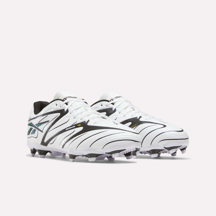 A pair of Reebok Sidewinder 26 League Firm Ground Cleats in white with black and teal accents, designed with firm ground studs for enhanced traction and ball control, displayed on a plain light background.