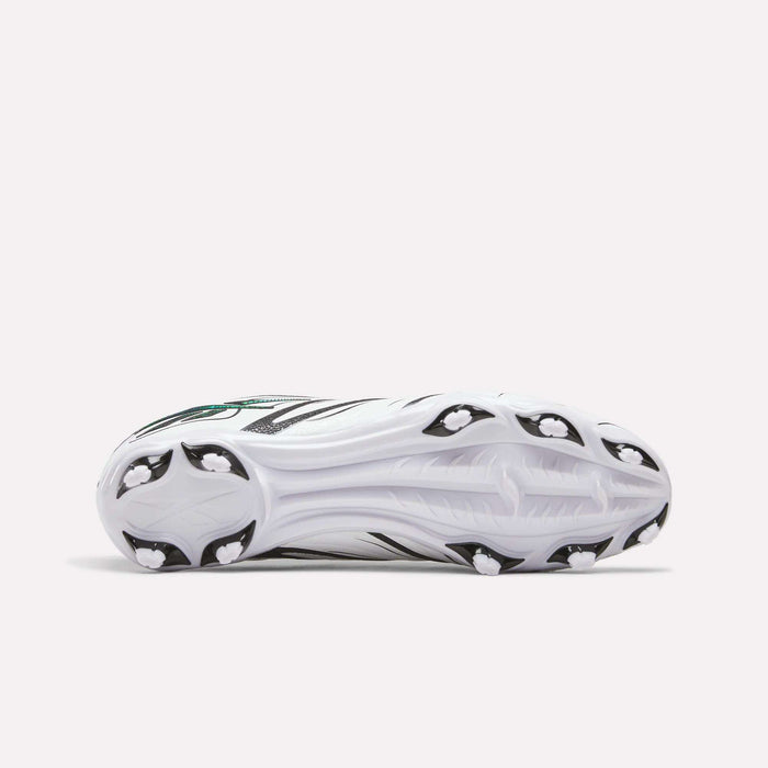 The image shows the bottom view of the Reebok Sidewinder 26 League Firm Ground Cleats in white, highlighted with black and green details. Featuring eight firm ground studs for reliable traction, these soccer cleats are designed to enhance ball control during play.