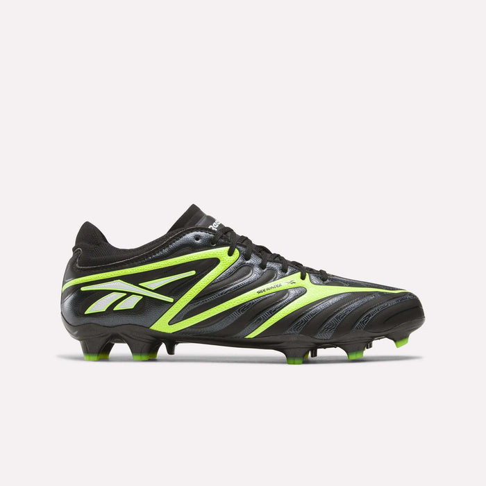 The Reebok Sidewinder 26 Pro FG Cleats are black with neon green accents, molded studs for firm ground, a large stylized logo on the left side, and are shown against a plain white background.