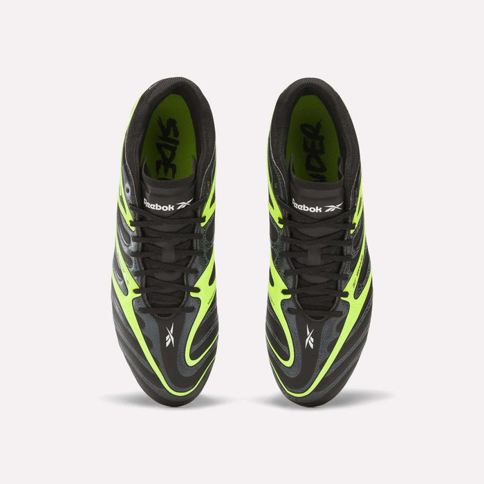 Reebok Sidewinder 26 Pro FG Cleats in black with neon green accents, seen from above. The shoes feature the Reebok logo and "RIDER" inside, crafted for firm ground to boost ball control like elite soccer cleats.