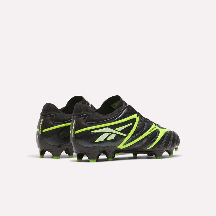 The Reebok Sidewinder 26 Pro FG Cleats are black firm ground soccer shoes with neon green accents, the Reebok logo on the side, designed for better ball control, and shown on a white background.