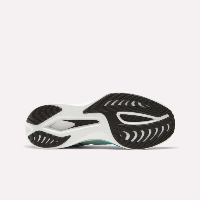 The image displays the bottom view of the Reebok SpeedShifter Running Shoes, highlighting a white HyperFloat foam sole with black rubber grip patterns and grooves designed for traction.