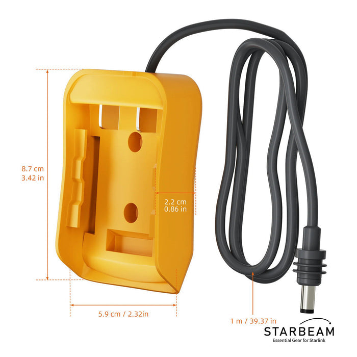 STARBEAM Starlink Mini Dewalt 18V Battery Adapter, connected to battery
