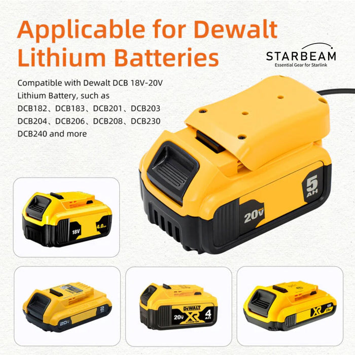 STARBEAM Starlink Mini Dewalt 18V Battery Adapter, mounted on Dewalt battery