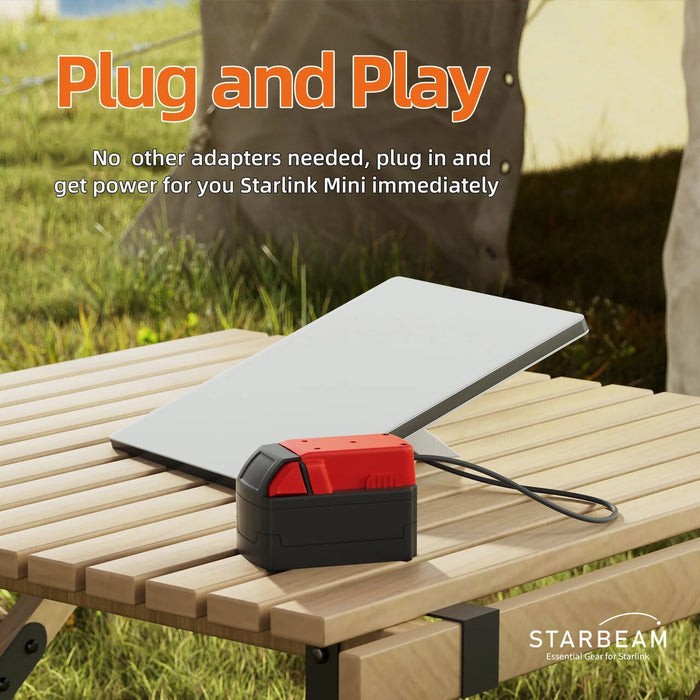 STARBEAM Starlink Mini Milwaukee 18V Battery Adapter, connected to battery