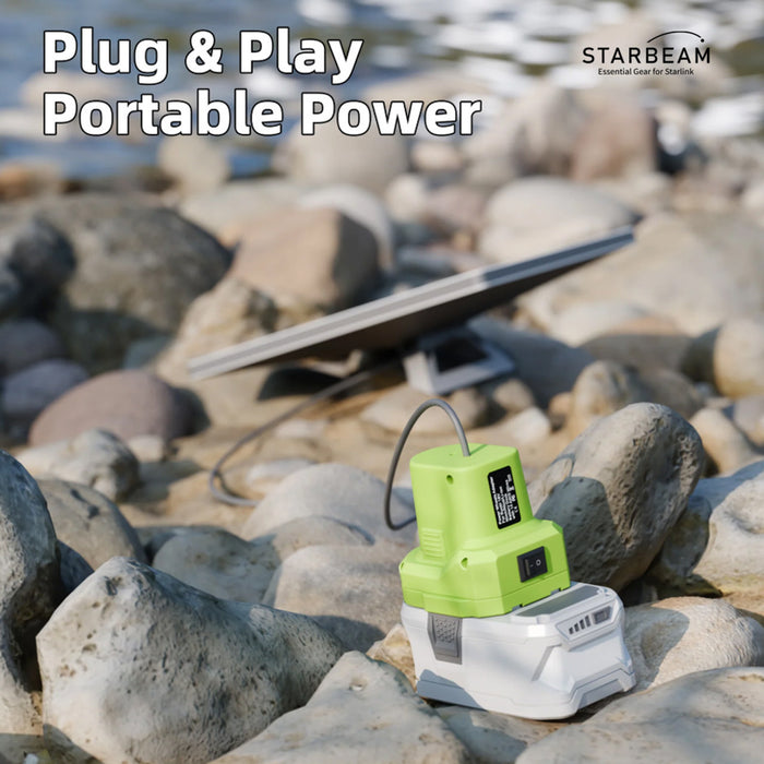 STARBEAM Starlink Mini Ryobi 18V Battery Adapter, connected to Ryobi battery