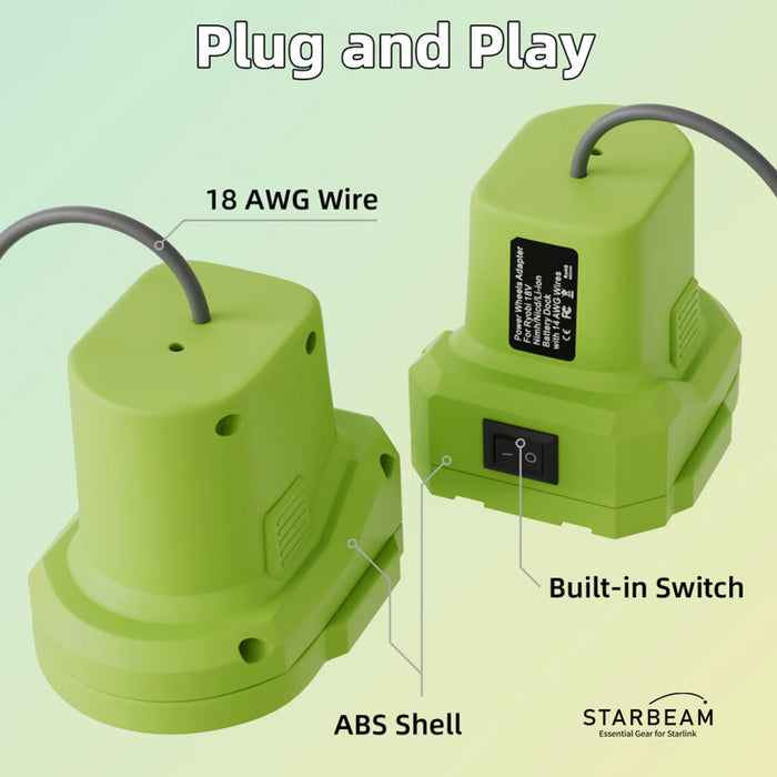 STARBEAM Starlink Mini Ryobi 18V Battery Adapter, mounted on Ryobi ONE+ battery