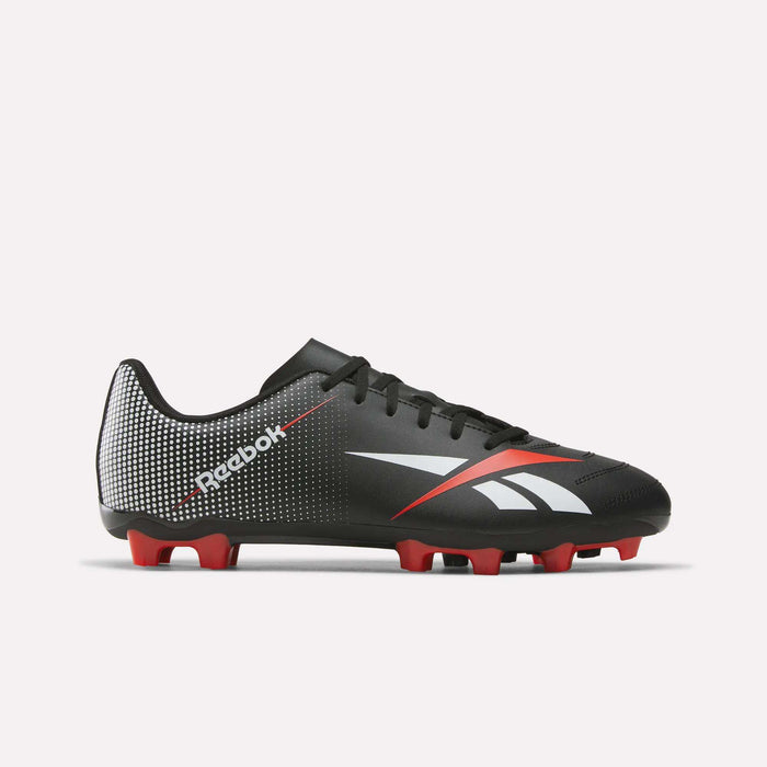 The Reebok Strike Multi Ground Soccer Cleats in black and red feature a durable synthetic upper with striking white and red accents, the iconic Reebok logo, and bold red studs on the sole. Displayed against a plain white background, these high-performance cleats are perfect for athletes seeking reliable turf soccer shoes.