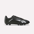 The Reebok Strike Multi Ground Soccer Cleats in black and grey—ideal for turf play—showcase classic white branding and logo, molded studs on the sole, and a secure lace-up design, all displayed against a plain white background.