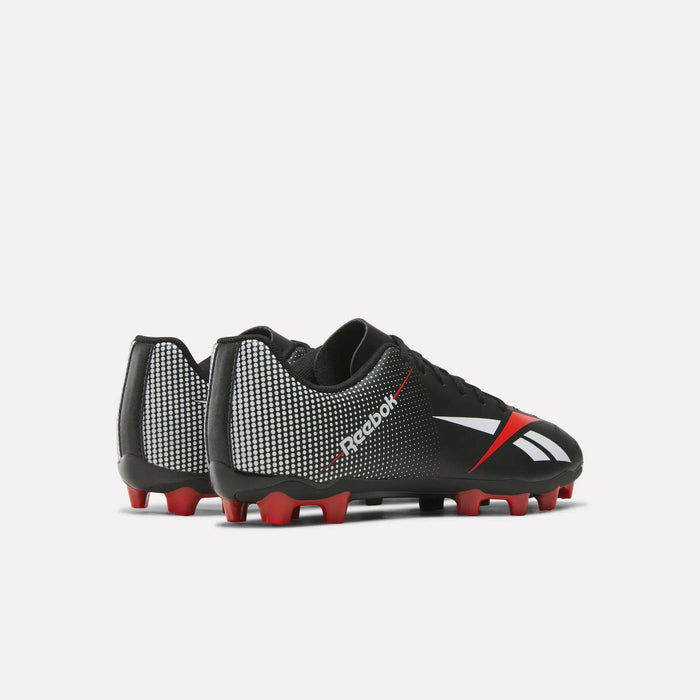 A pair of Reebok Strike Multi Ground Soccer Cleats featuring a black synthetic upper, red soles, and white accents, displayed from the side and back on a plain white background.