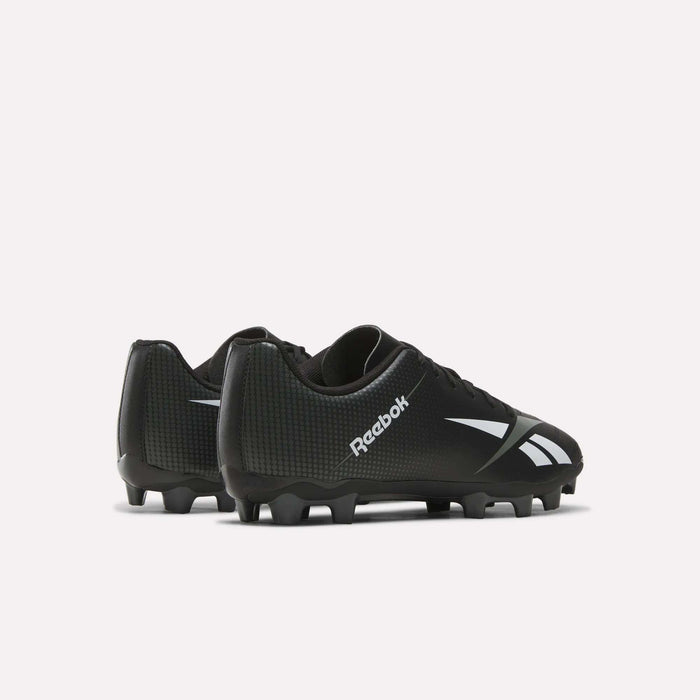 A pair of Reebok Strike Multi Ground Soccer Cleats in black, featuring white logos and markings, designed for turf play, shown from the back and side against a plain white background.