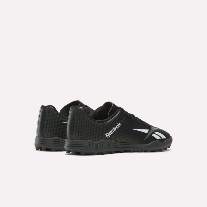 A pair of Reebok Strike Turf Soccer Shoes in black with white logos, displayed from back and side angles against a plain white background—ideal for soccer practice.