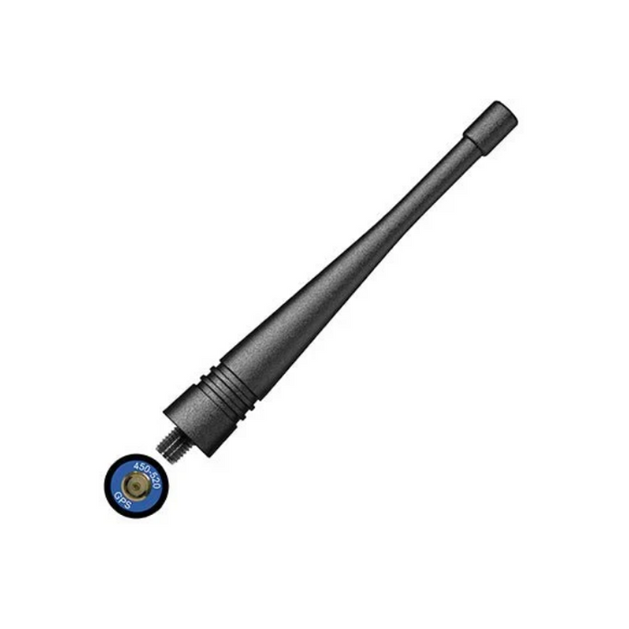 A black plastic whip antenna with a threaded connector