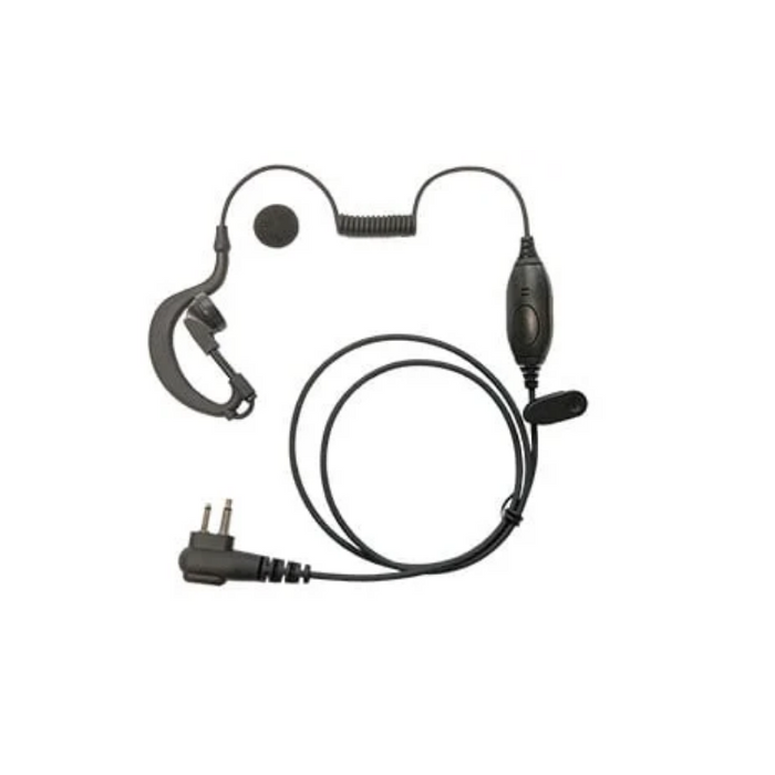 Black earpiece headset with a coiled cord, inline control module, small boom microphone
