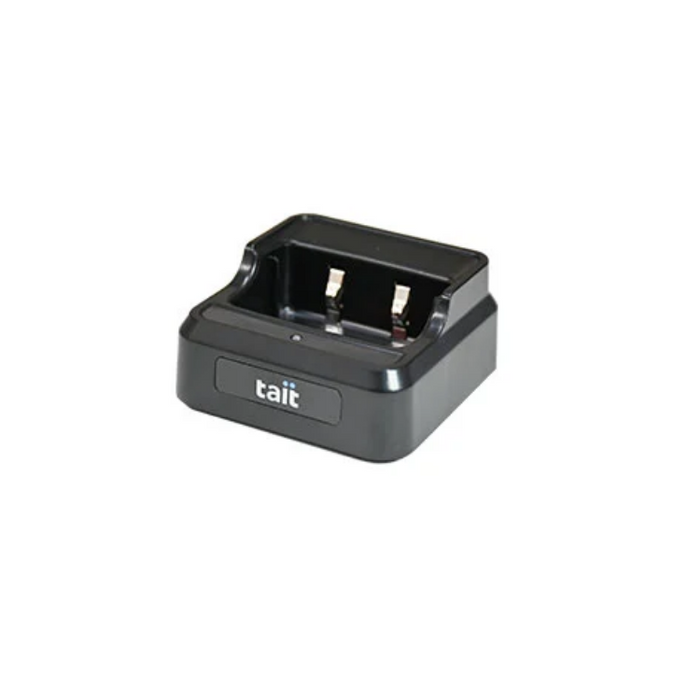 A black dual-battery charger with the brand name 'tait' printed on the front