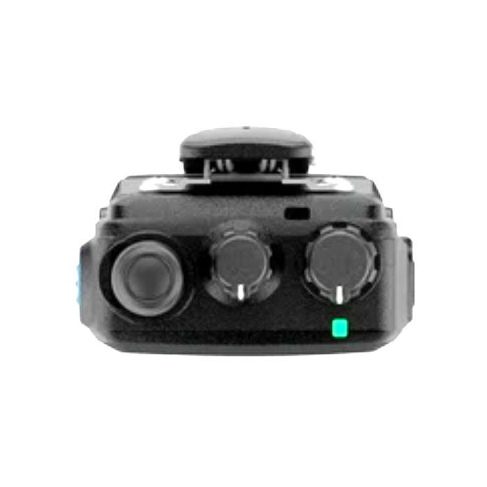 A black electronic control module with three rotary knobs and a small green indicator light