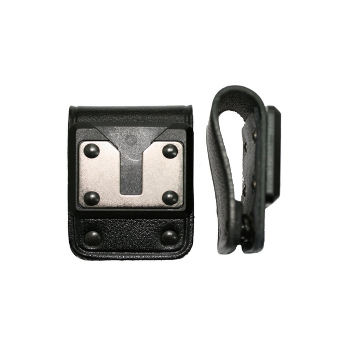 A black quick-release strap or clip accessory shown from two angles