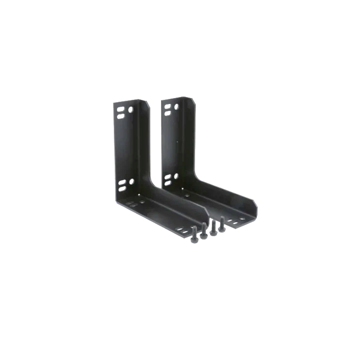 Two black metal L-brackets with mounting screws
