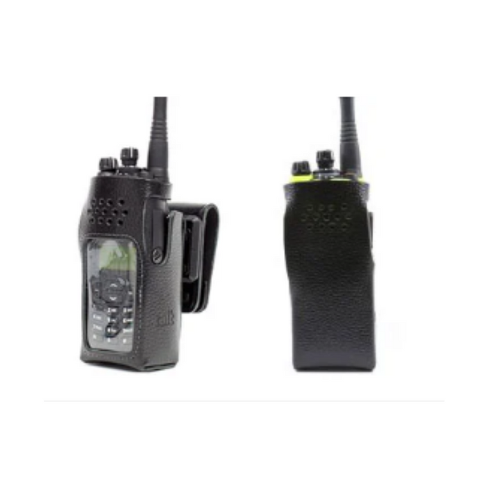 Two black tactical walkie-talkies shown side by side on a plain white background