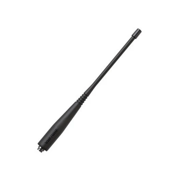 A black adjustable antenna with a threaded connector at one end and a cylindrical tip at the other