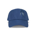 The Reebok Technical Running Cap With Drawcord is shown front-facing, featuring a dark blue ribbon-like graphic, visible stitching on brim and crown, and made from recycled materials for eco-friendly performance.