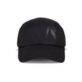 Front view of the Reebok Technical Running Cap With Drawcord in black, featuring a glossy graphic on the right crown, visible seam stitching, and crafted from recycled materials for an eco-friendly running hat.