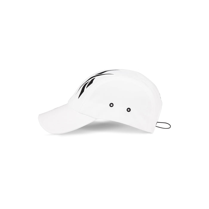 The Reebok Technical Running Cap With Drawcord, made from recycled materials, features black ventilation eyelets and a black abstract side design. Shown in profile against a white background.
