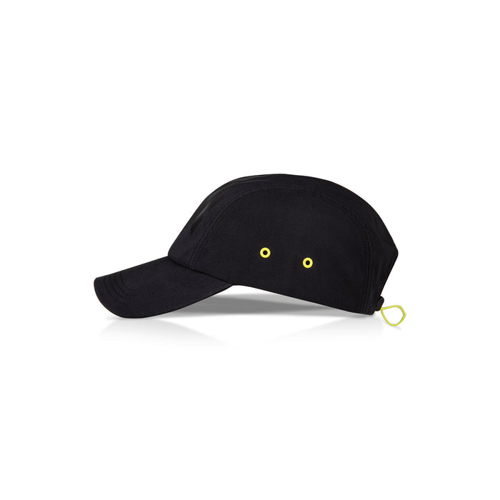 The Reebok Technical Running Cap With Drawcord, made from recycled materials, is black with two yellow side eyelets and a small yellow back loop, shown on a white background.