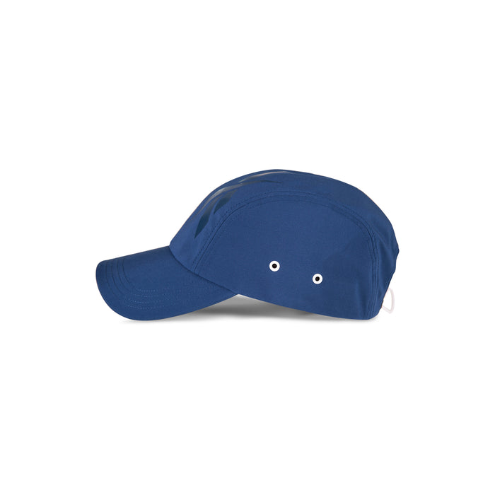 A blue Reebok Technical Running Cap With Drawcord, shown from the side on a white background, features two metal ventilation eyelets and a curved brim, and is made with recycled materials.