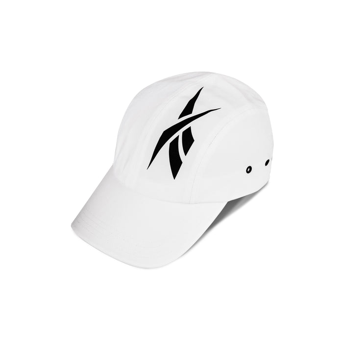 The Reebok Technical Running Cap With Drawcord is white with a prominent black abstract logo on the front, made from recycled materials and shown on a plain white background.