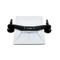 A white rectangular display stand with a black horizontal bar mounted across the center