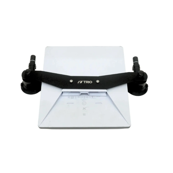 A white rectangular display stand with a black horizontal bar mounted across the center