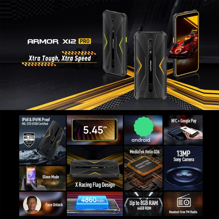 Ulefone Armor X12 Pro Rugged Phone - IP68/IP69K Waterproof, 5.45" Android 14, MediaTek Helio G36, 4GB RAM, 64GB Storage, 4G, NFC