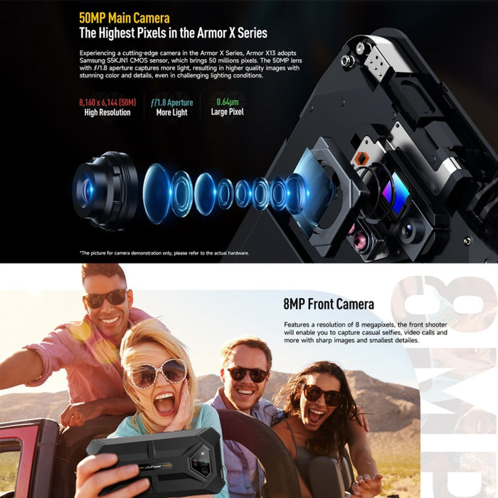 Ulefone Armor X13 rugged smartphone - IP68/IP69K, Android 13, 6GB RAM, 64GB Storage, MediaTek Helio G36, 4G, NFC, OTG Features