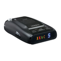 A black Uniden radar detector with a digital LED display showing 'X K Ka C 5'