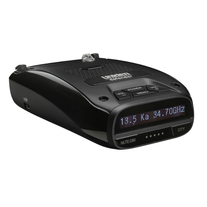 A black radar detector with a glossy finish, featuring a digital display screen