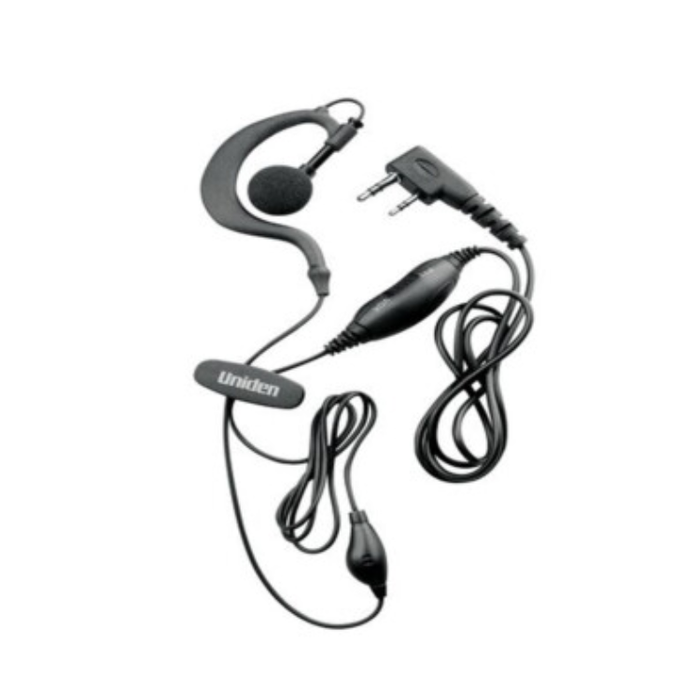 A black Uniden walkie-talkie headset with an earpiece, microphone, coiled cable, inline volume control