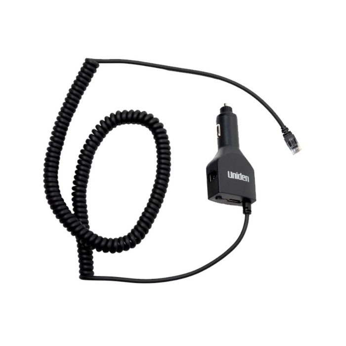 A black coiled cable adapter with a car cigarette lighter plug and USB-C output, branded 'Uniden'