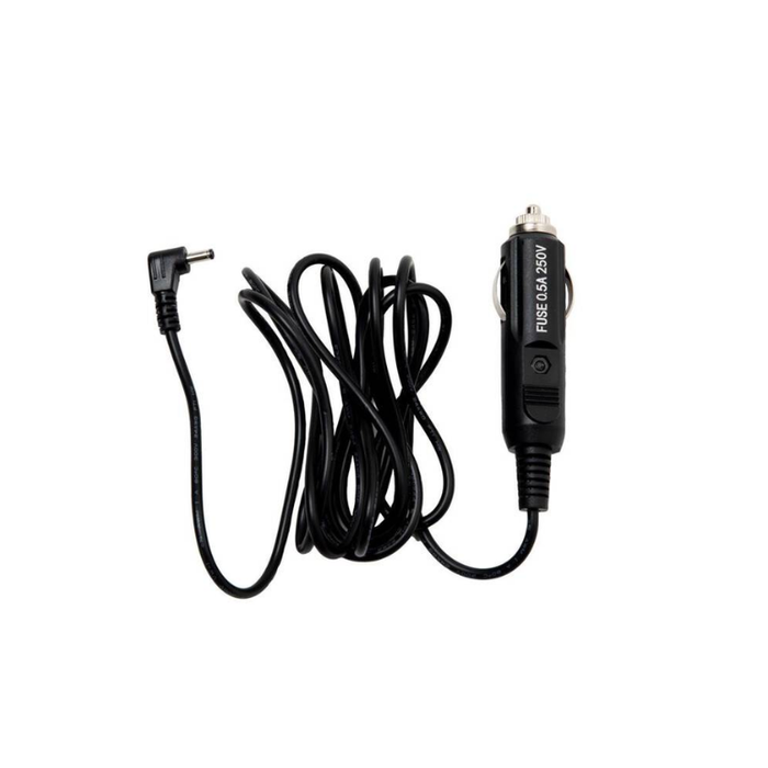 A black car cigarette lighter power adapter with a coiled cable and a right-angle plug