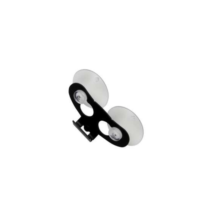 A black plastic mounting bracket with two clear suction cups